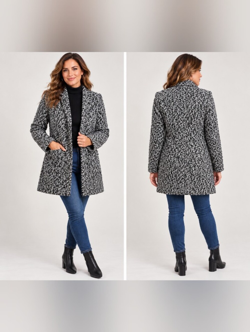 carole wren nwt bouclé jacket black gray textured open front size s